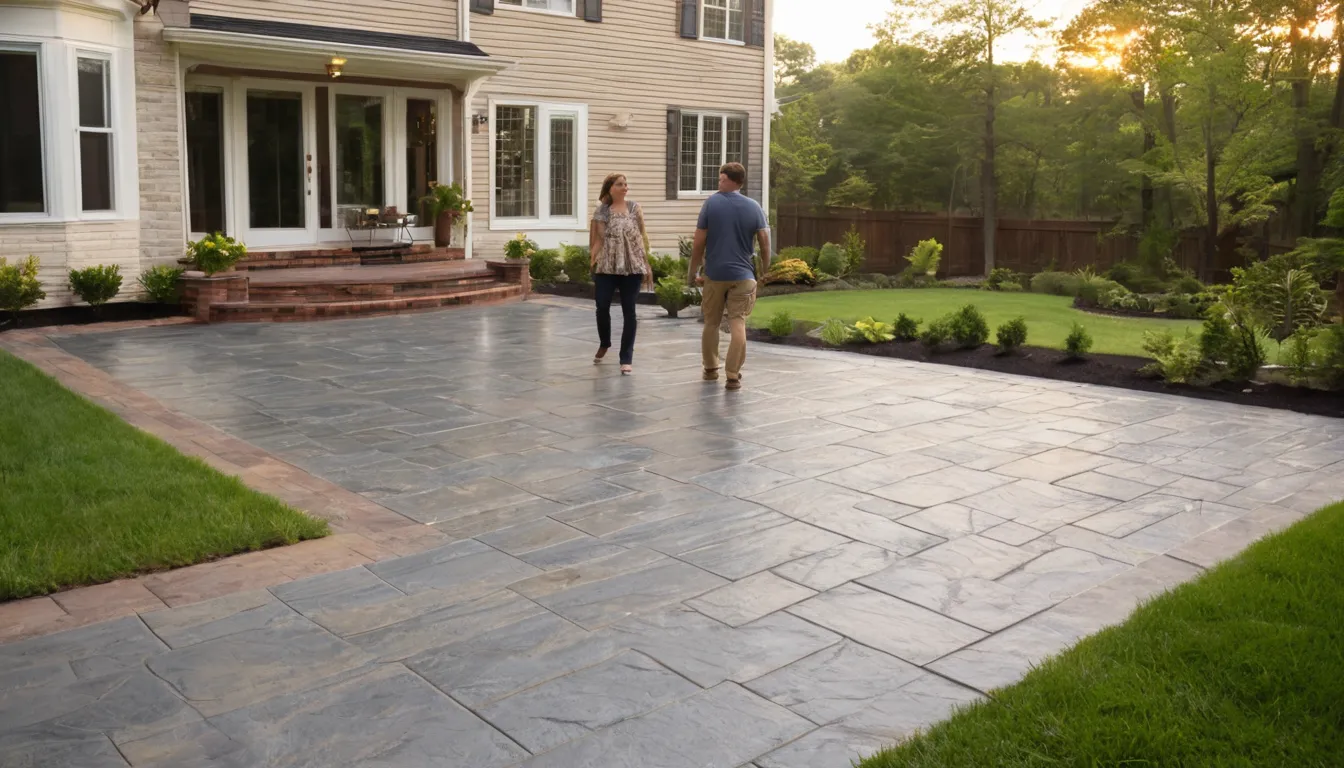 A finished stamped concrete patio with a slate pattern behind a colonial home in Hamilton
